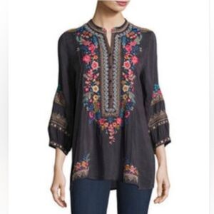 JOHNNY WAS "SARABETH" Embroidered 3/4 Sleeve In Blacke Tunic Top